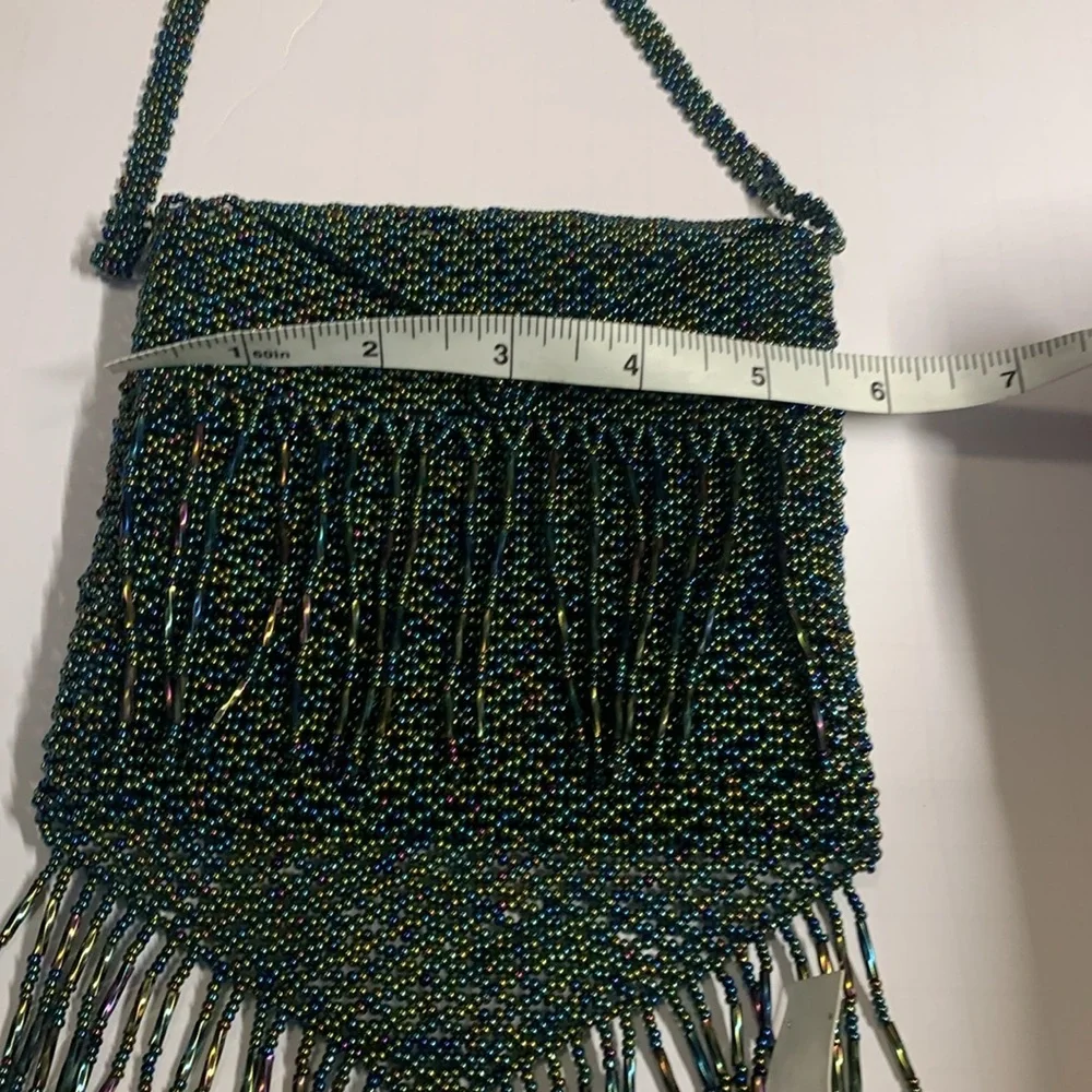 crossbody handbag BEADED hand crafted green With blue purple beads 5.5 x 7” NWOT